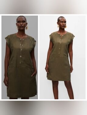 MELANIE LYNE button Front Linen Dress In Olive Green Sz14
